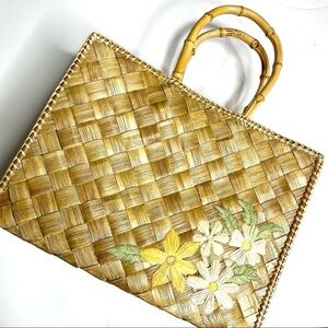 Woven Straw bag with Flowers & Bamboo Handles Pink drawstring bag built in